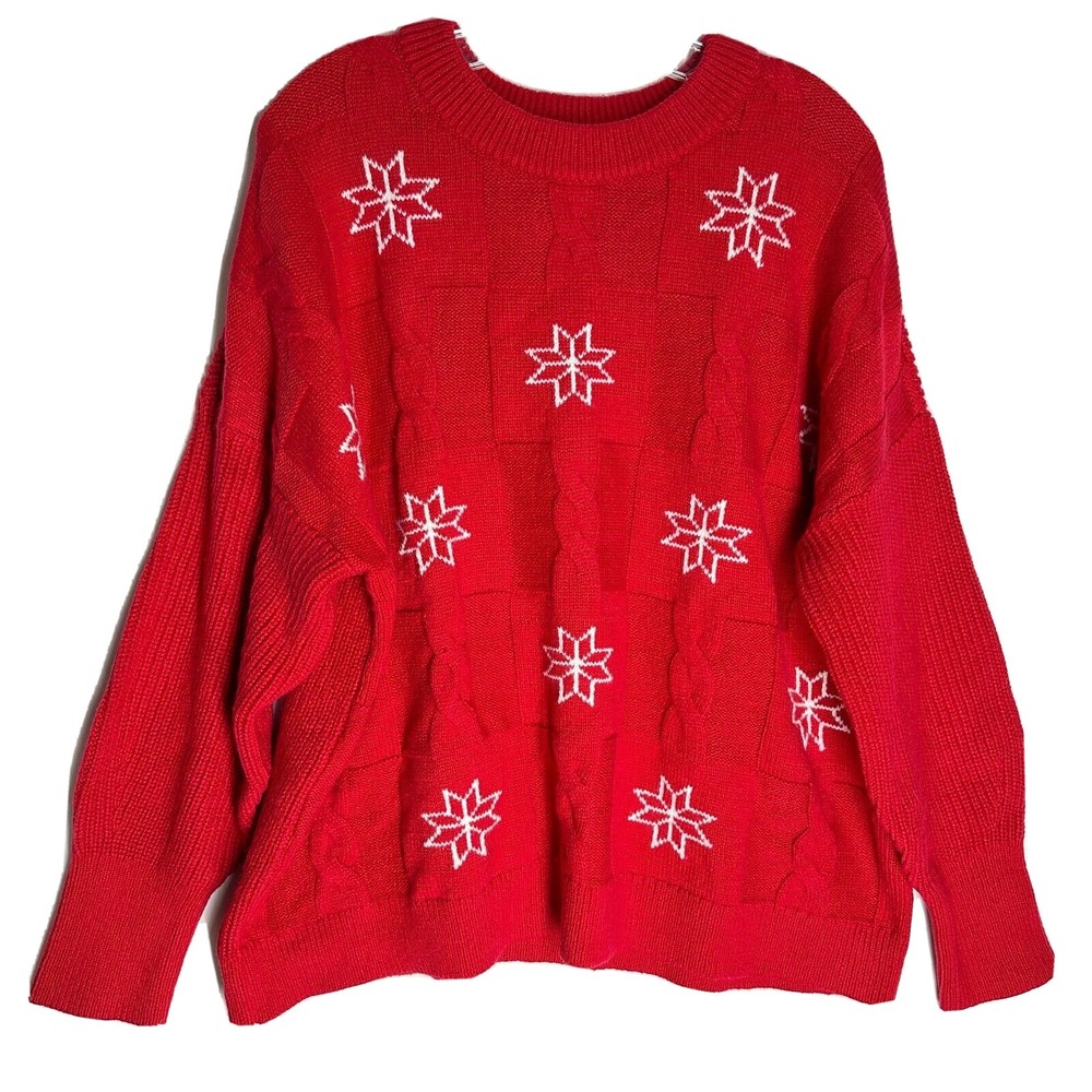 Lands End Womens Cable Knit Sweater Size XL Red Crew Neck Snowflake Long Sleeve